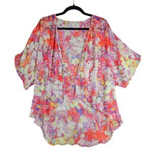 Decree Floral Sheer Kimono Cover Up Small Pink Purple Watercolor Boho Chiffon